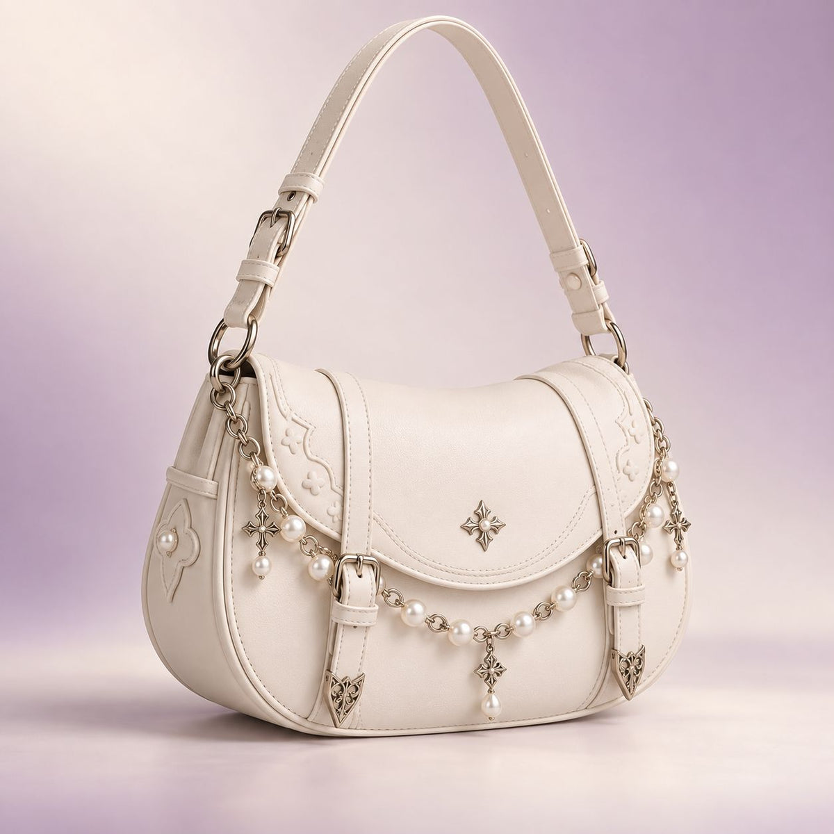 QEZLUPORAβ’ Pearl Chain Saddle Bag β Sweet Gothic Curved Crossbody, Japanese Fashion Shoulder Purse