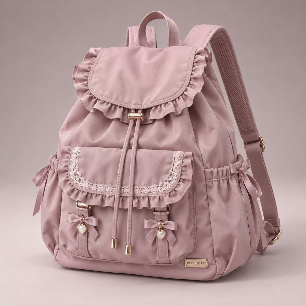 QEZLUPORAβ’ Ruffle Drawstring Backpack β Lace Pocket Casual Backpack, Japanese Jirai Kei Day Bag