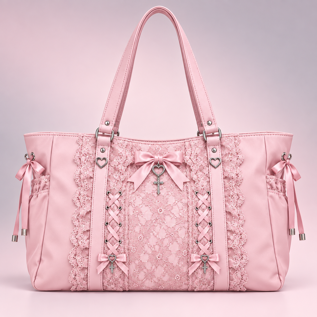 QEZLUPORAβ’ Lace Panel Everyday Tote β Japanese Jirai Kei Large Tote Bag, Dark Sweet Daily Shoulder Carryall