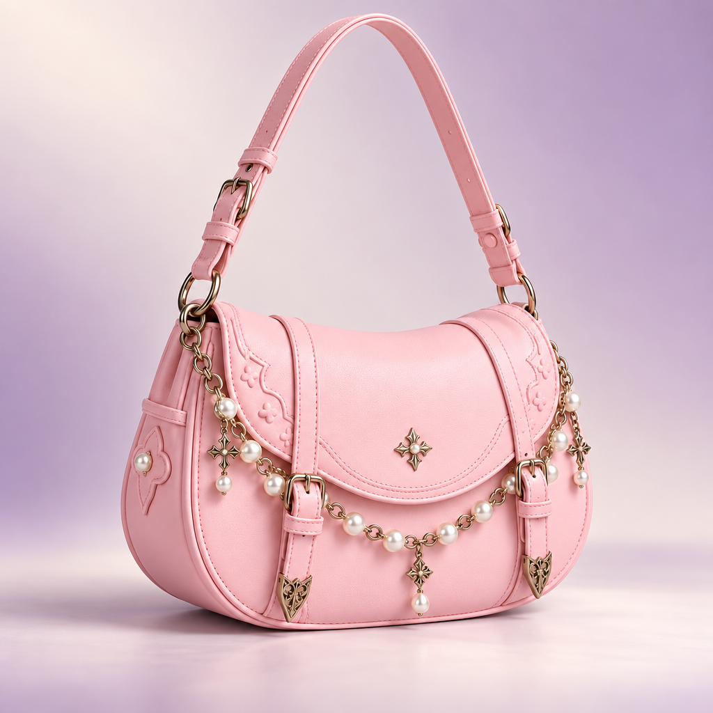 QEZLUPORA™ Pearl Chain Saddle Bag – Sweet Gothic Curved Crossbody, Japanese Fashion Shoulder Purse