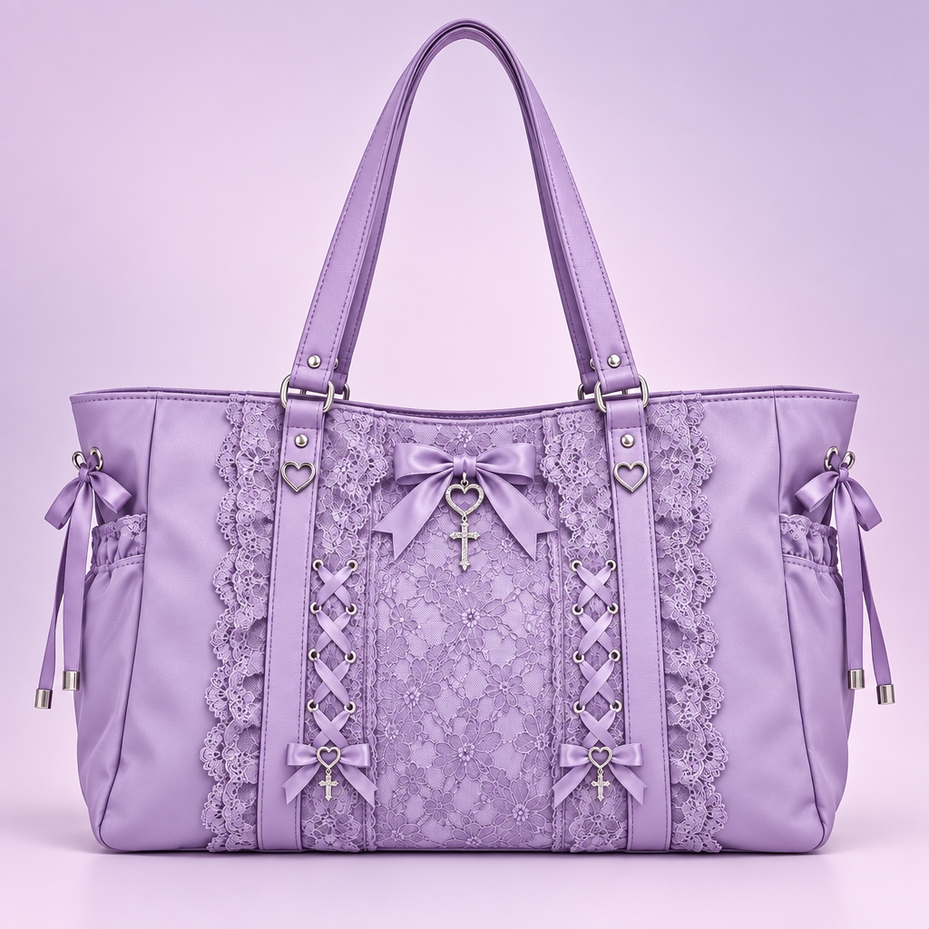 QEZLUPORA™ Lace Panel Everyday Tote – Japanese Jirai Kei Large Tote Bag, Dark Sweet Daily Shoulder Carryall