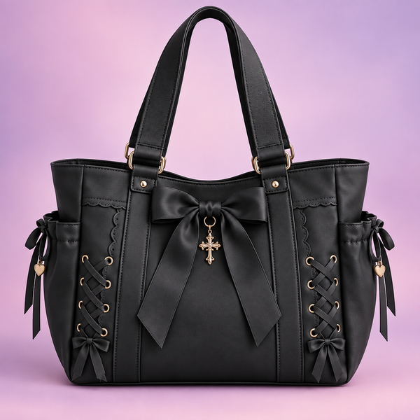 QEZLUPORA™ Wide Strap Ribbon Tote – Cute Gothic Campus Tote, Japanese Soft Luxury Shoulder Bag