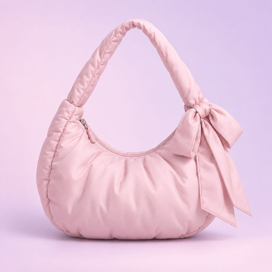 QEZLUPORA™ Puffy Ribbon Hobo Bag – Soft Mini Shoulder Bag, Japanese Cute Jirai Kei Casual Purse