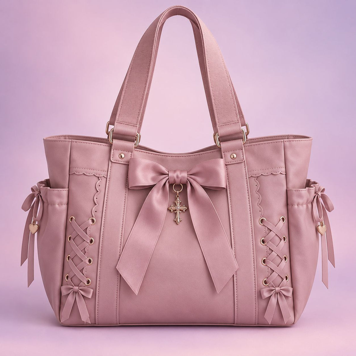 QEZLUPORA™ Wide Strap Ribbon Tote – Cute Gothic Campus Tote, Japanese Soft Luxury Shoulder Bag