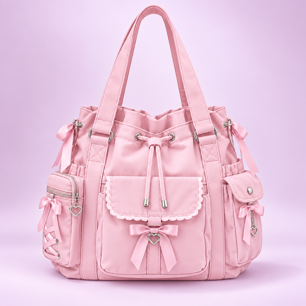 QEZLUPORA™ Soft Utility Bucket Tote – Japanese Girly Casual Carry Bag, Jirai Kei Multi-Pocket Shoulder Tote