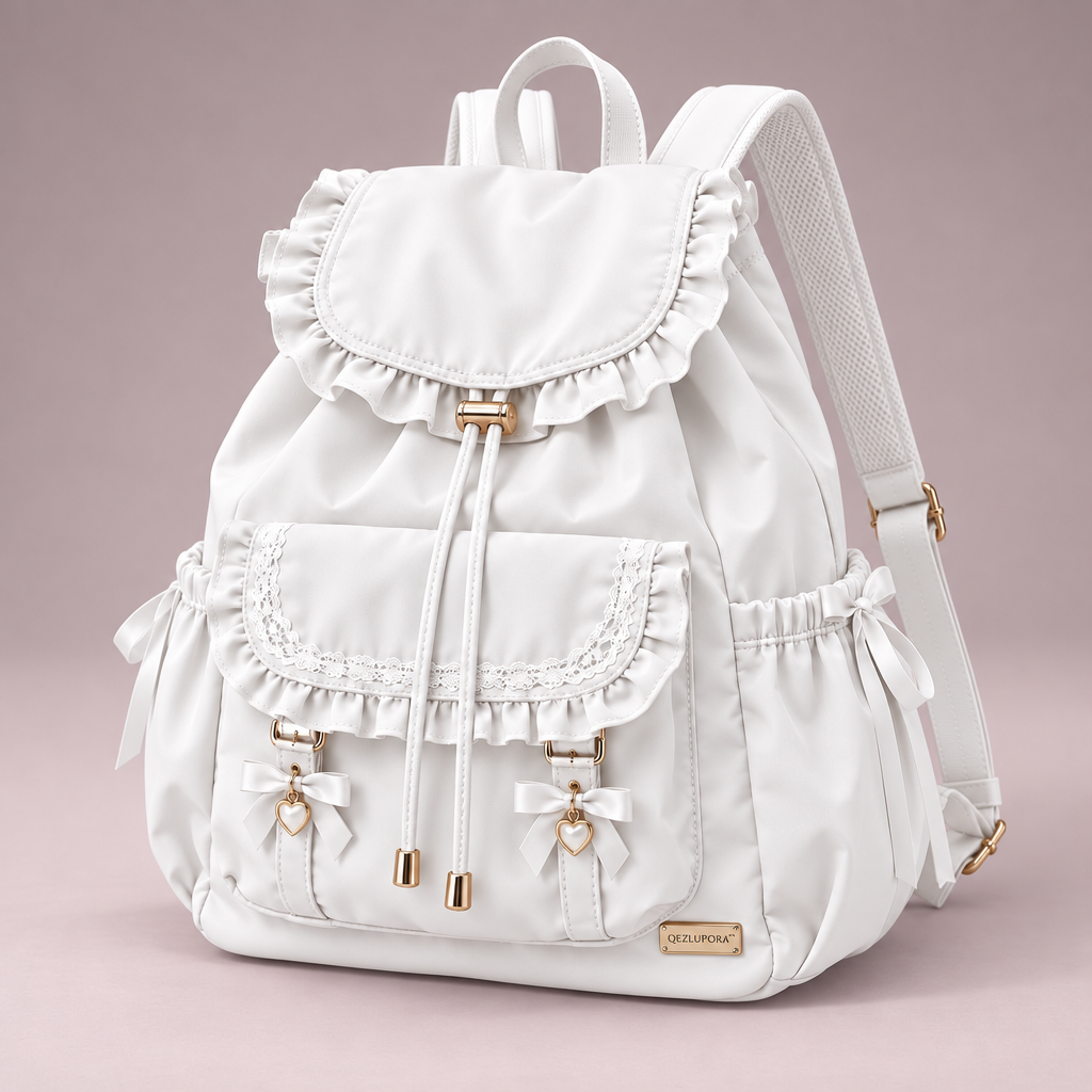 QEZLUPORA™ Ruffle Drawstring Backpack – Lace Pocket Casual Backpack, Japanese Jirai Kei Day Bag
