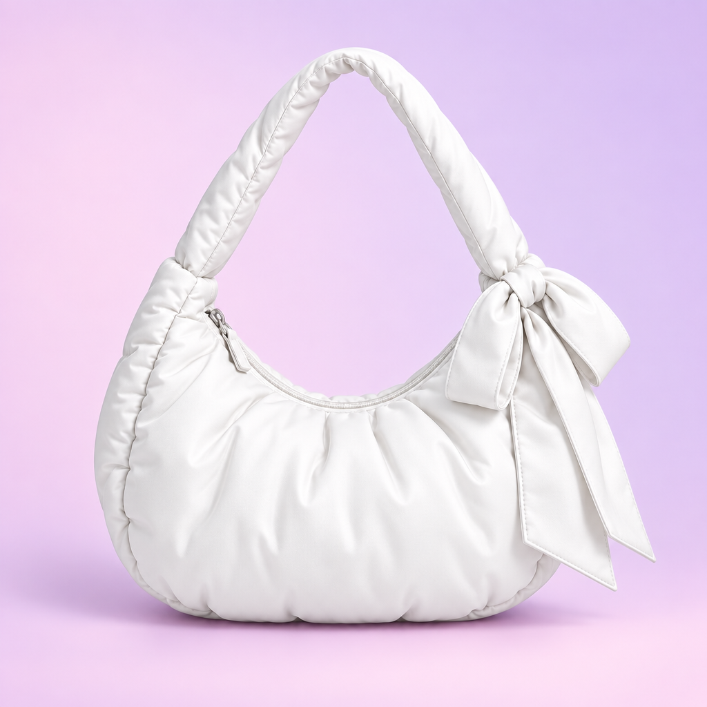 QEZLUPORA™ Puffy Ribbon Hobo Bag – Soft Mini Shoulder Bag, Japanese Cute Jirai Kei Casual Purse