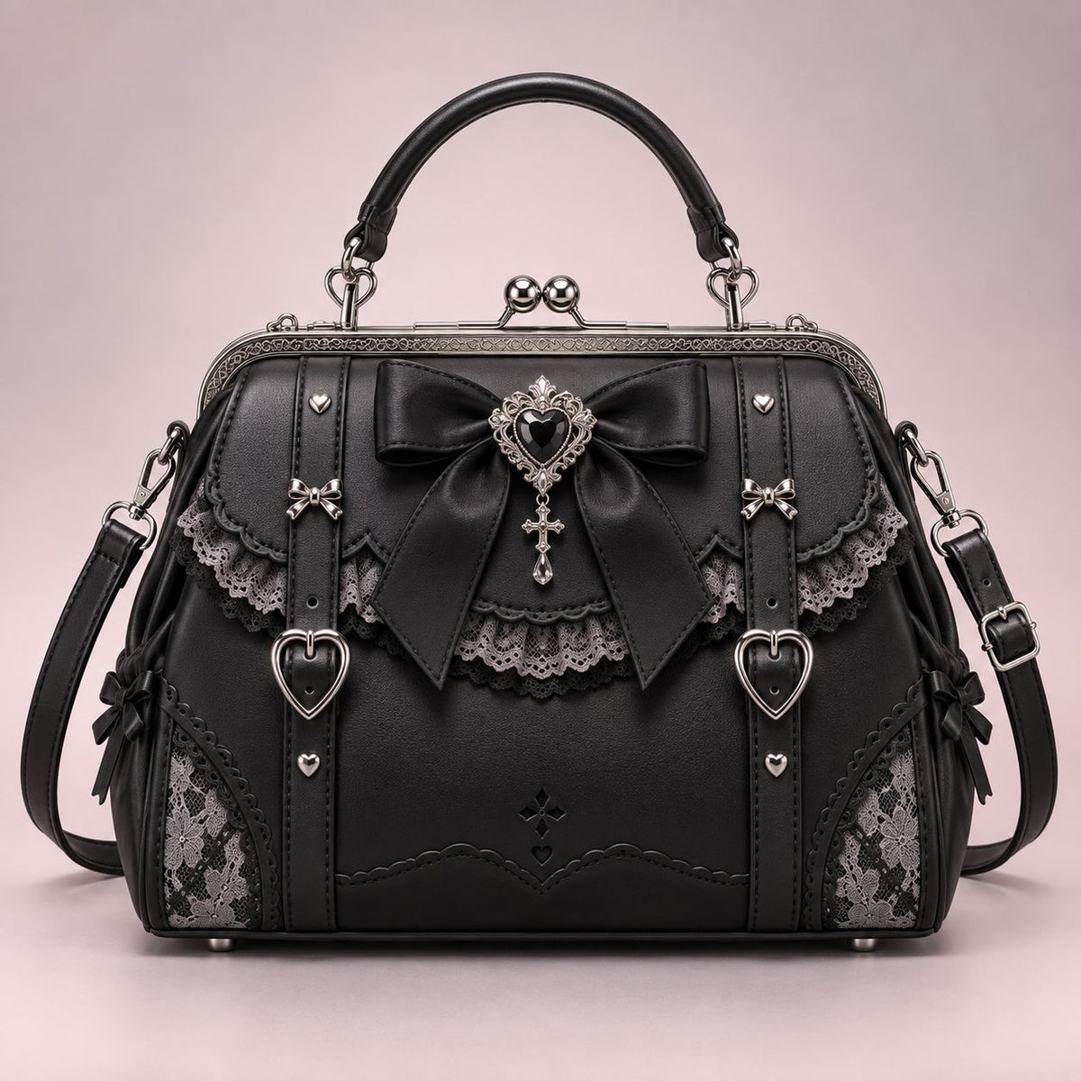 QEZLUPORA™ Ribbon Frame Satchel – Girly Gothic Structured Handbag, Japanese Boutique Carry Bag