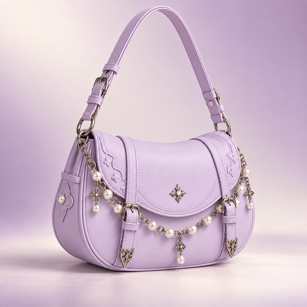 QEZLUPORA™ Pearl Chain Saddle Bag – Sweet Gothic Curved Crossbody, Japanese Fashion Shoulder Purse