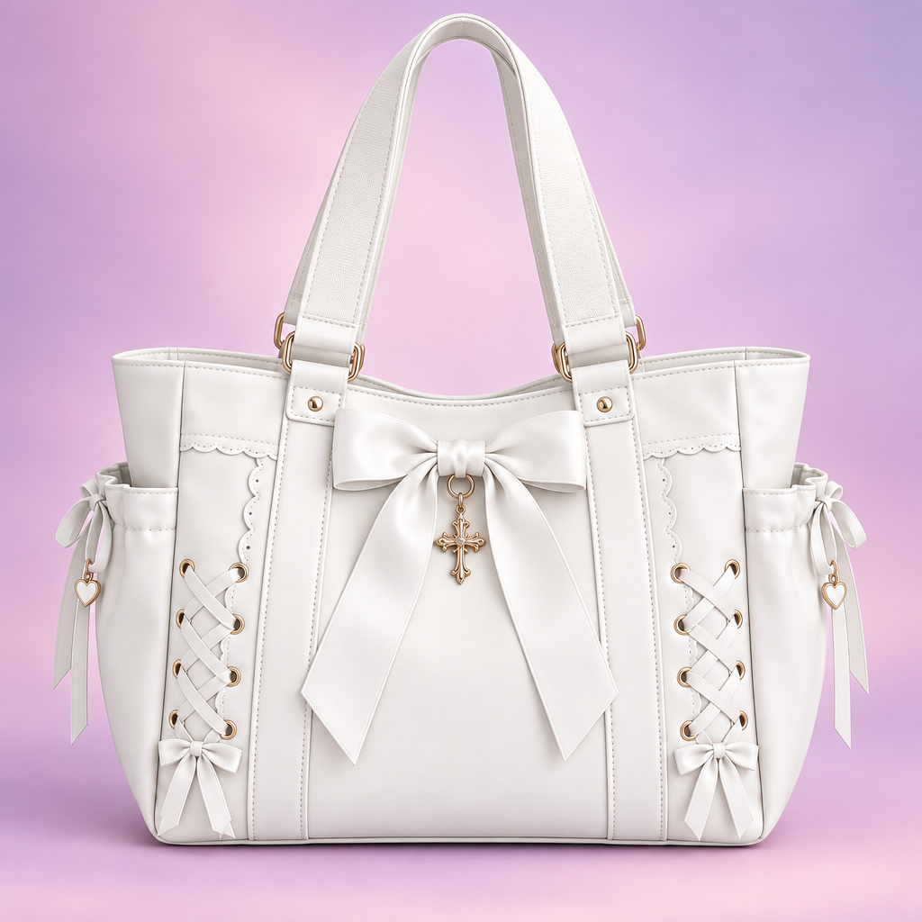 QEZLUPORA™ Wide Strap Ribbon Tote – Cute Gothic Campus Tote, Japanese Soft Luxury Shoulder Bag