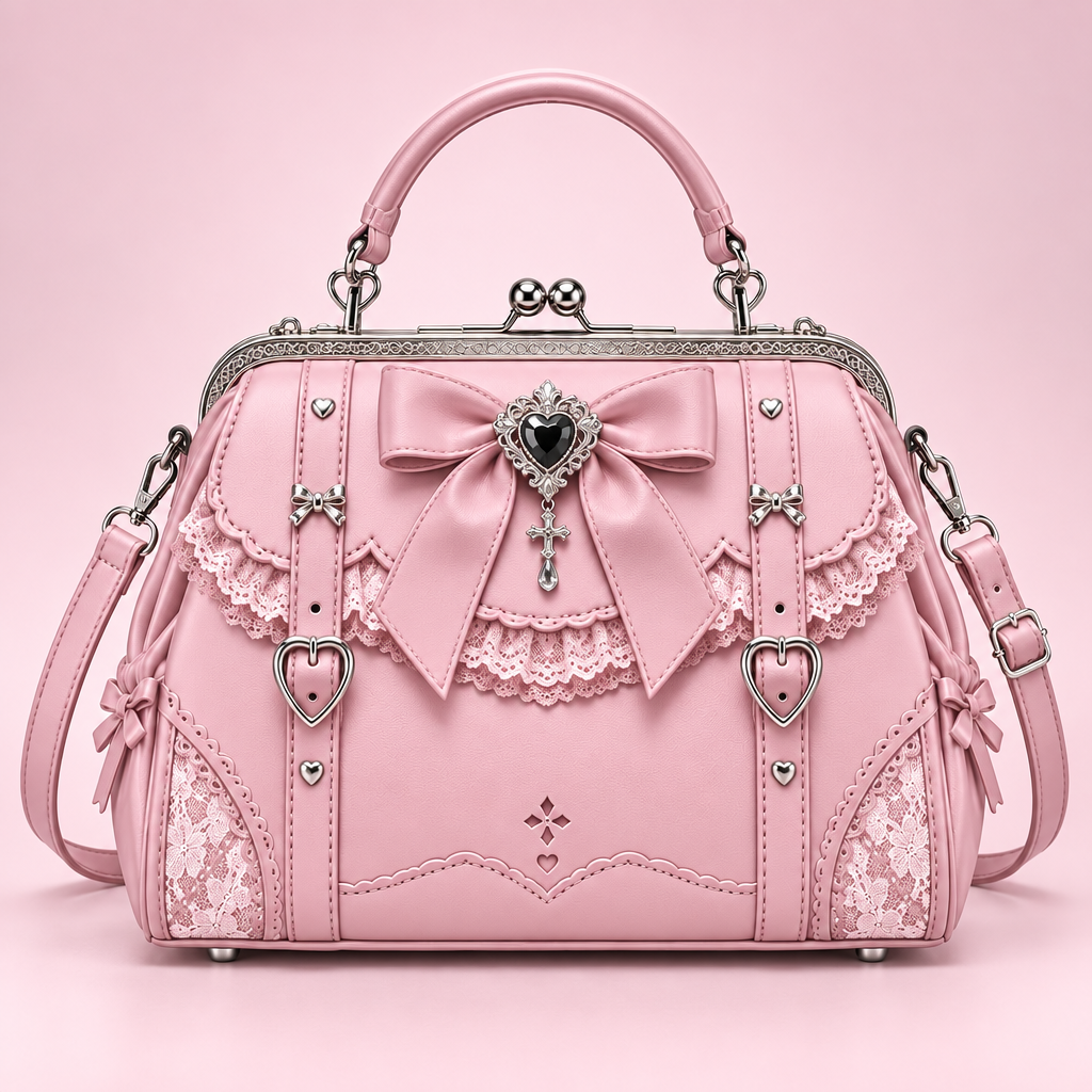 QEZLUPORA™ Ribbon Frame Satchel – Girly Gothic Structured Handbag, Japanese Boutique Carry Bag