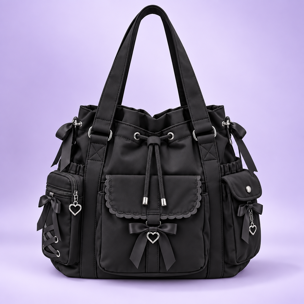 QEZLUPORA™ Soft Utility Bucket Tote – Japanese Girly Casual Carry Bag, Jirai Kei Multi-Pocket Shoulder Tote