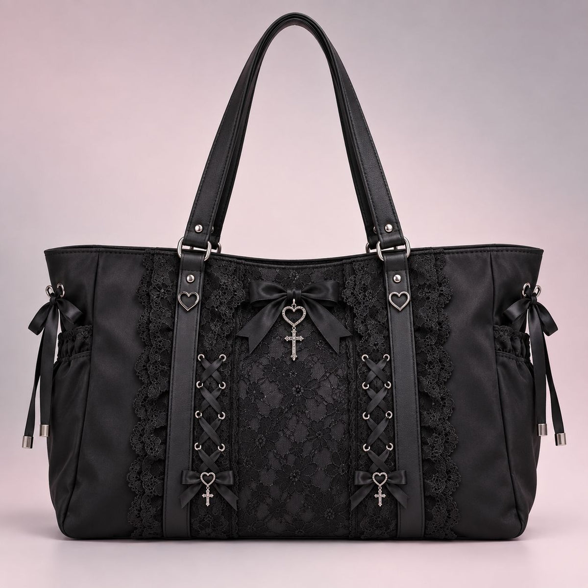 QEZLUPORA™ Lace Panel Everyday Tote – Japanese Jirai Kei Large Tote Bag, Dark Sweet Daily Shoulder Carryall