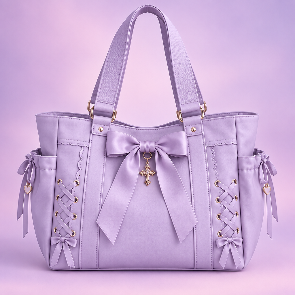 QEZLUPORA™ Wide Strap Ribbon Tote – Cute Gothic Campus Tote, Japanese Soft Luxury Shoulder Bag