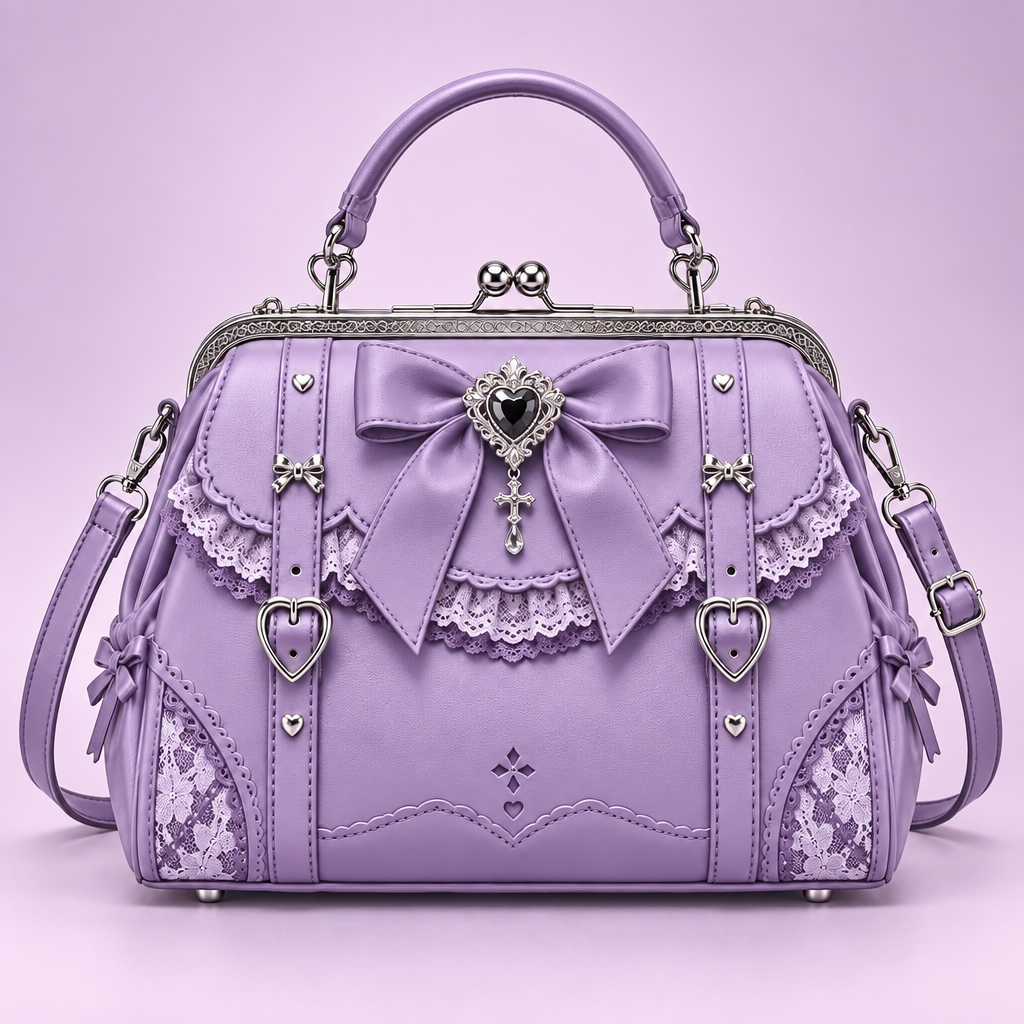 QEZLUPORA™ Ribbon Frame Satchel – Girly Gothic Structured Handbag, Japanese Boutique Carry Bag