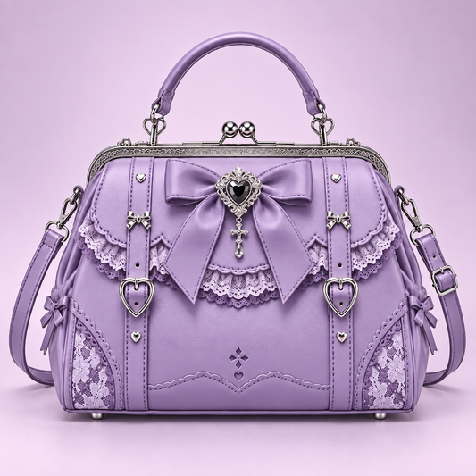 QEZLUPORA™ Ribbon Frame Satchel – Girly Gothic Structured Handbag, Japanese Boutique Carry Bag