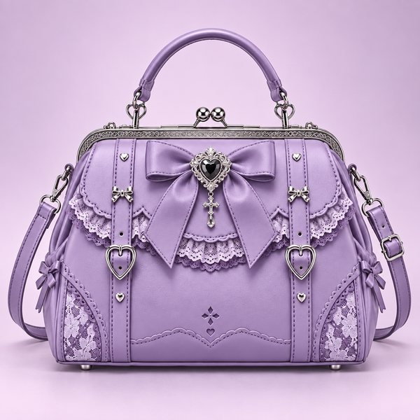 QEZLUPORA™ Ribbon Frame Satchel – Girly Gothic Structured Handbag, Japanese Boutique Carry Bag