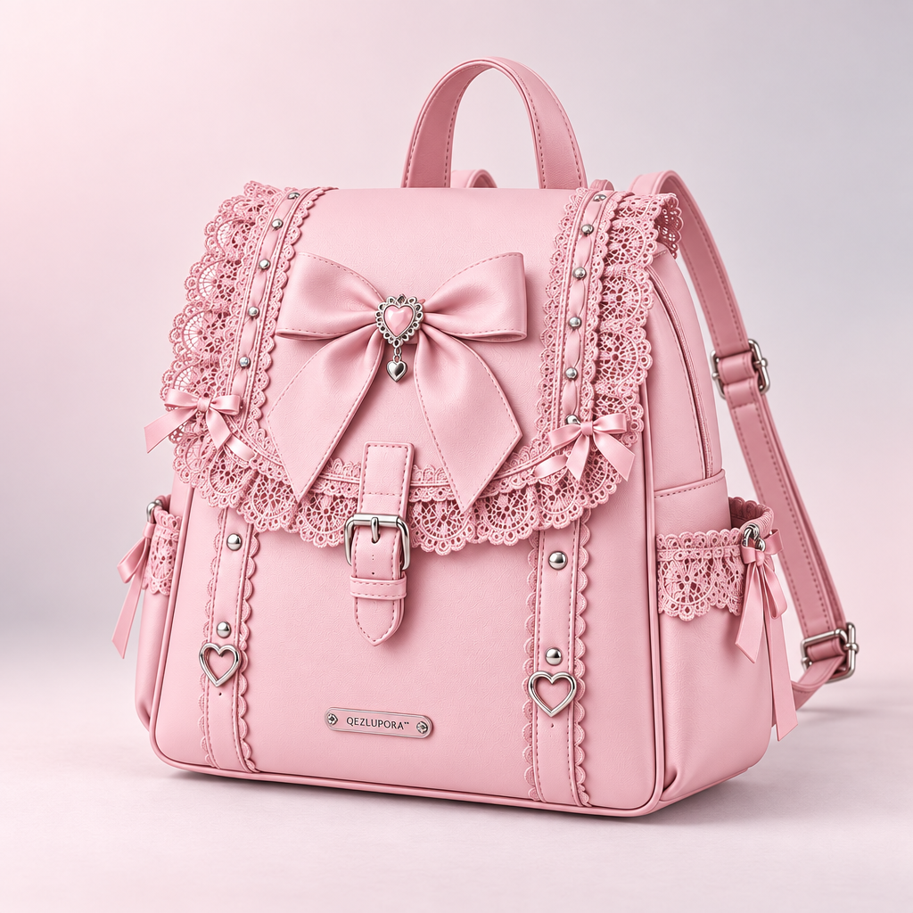 QEZLUPORA™ Jirai Kei Lace Bow Flap Backpack – Japanese Dark Sweet Mini Rucksack, Ribbon Gothic School Backpack