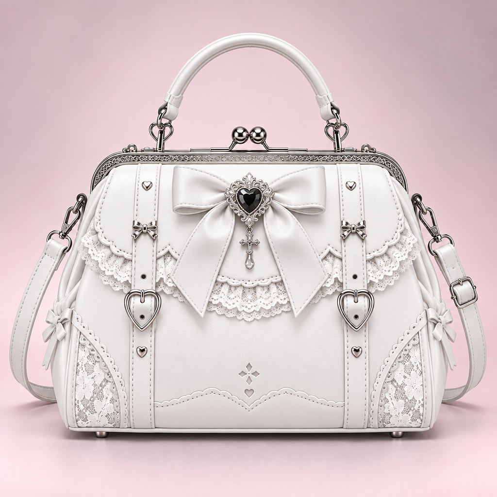 QEZLUPORA™ Ribbon Frame Satchel – Girly Gothic Structured Handbag, Japanese Boutique Carry Bag