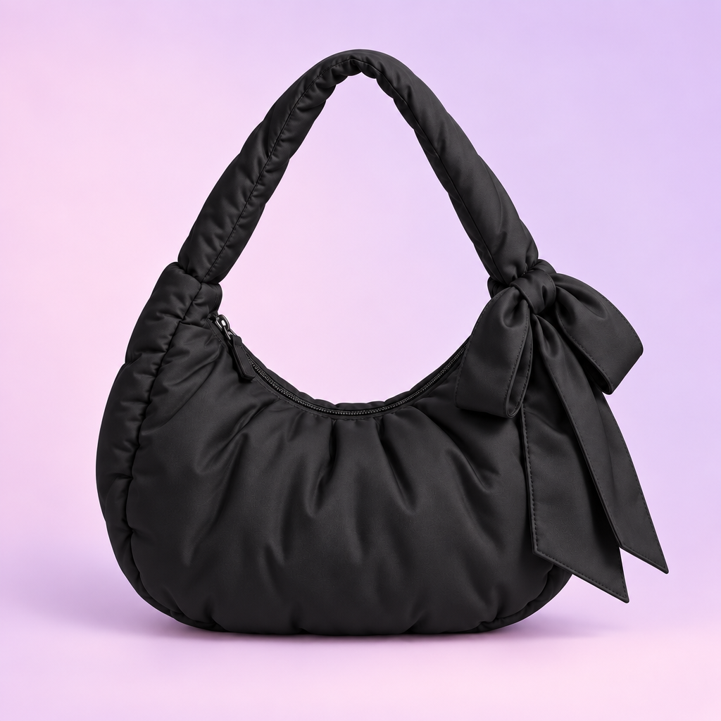 QEZLUPORA™ Puffy Ribbon Hobo Bag – Soft Mini Shoulder Bag, Japanese Cute Jirai Kei Casual Purse