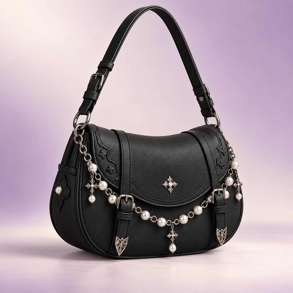 QEZLUPORA™ Pearl Chain Saddle Bag – Sweet Gothic Curved Crossbody, Japanese Fashion Shoulder Purse