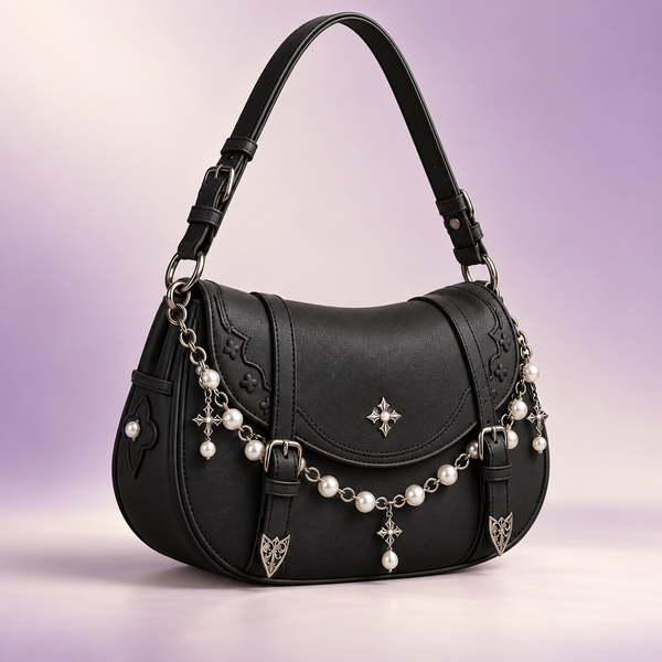 QEZLUPORA™ Pearl Chain Saddle Bag – Sweet Gothic Curved Crossbody, Japanese Fashion Shoulder Purse