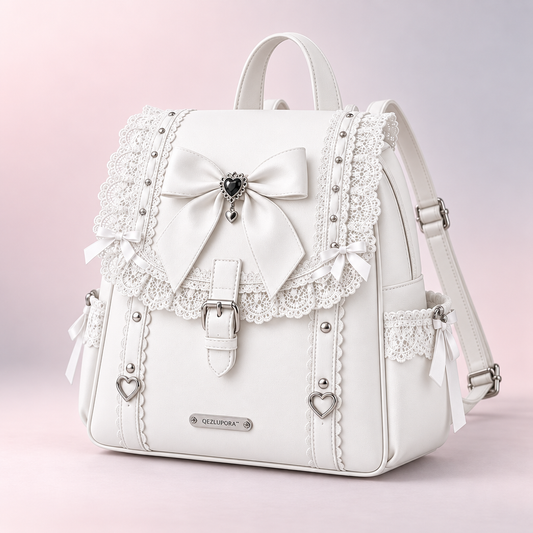 QEZLUPORA™ Jirai Kei Lace Bow Flap Backpack – Japanese Dark Sweet Mini Rucksack, Ribbon Gothic School Backpack