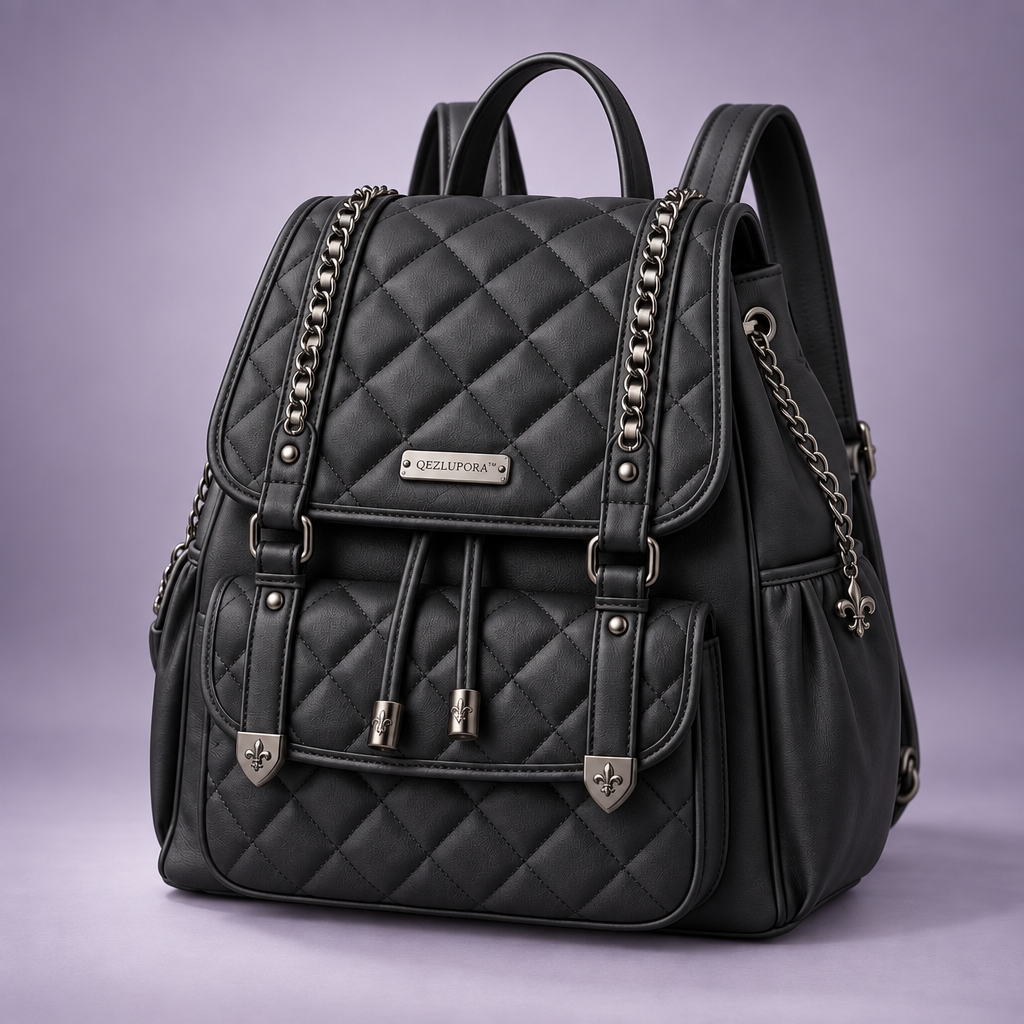 QEZLUPORA™ Quilted Chain Accent Backpack – Dark Sweet Fashion Backpack, Japanese Niche Rucksack