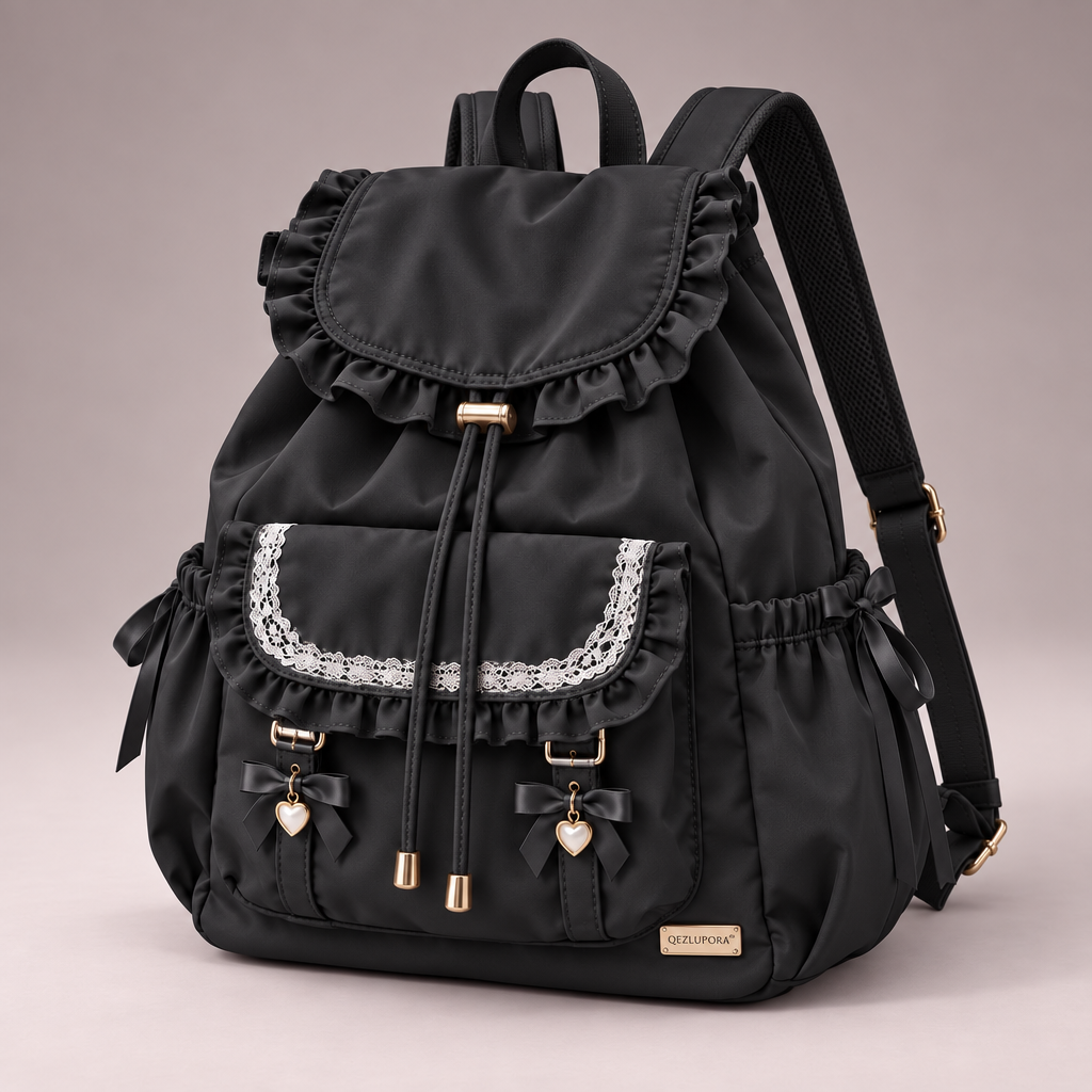 QEZLUPORA™ Ruffle Drawstring Backpack – Lace Pocket Casual Backpack, Japanese Jirai Kei Day Bag