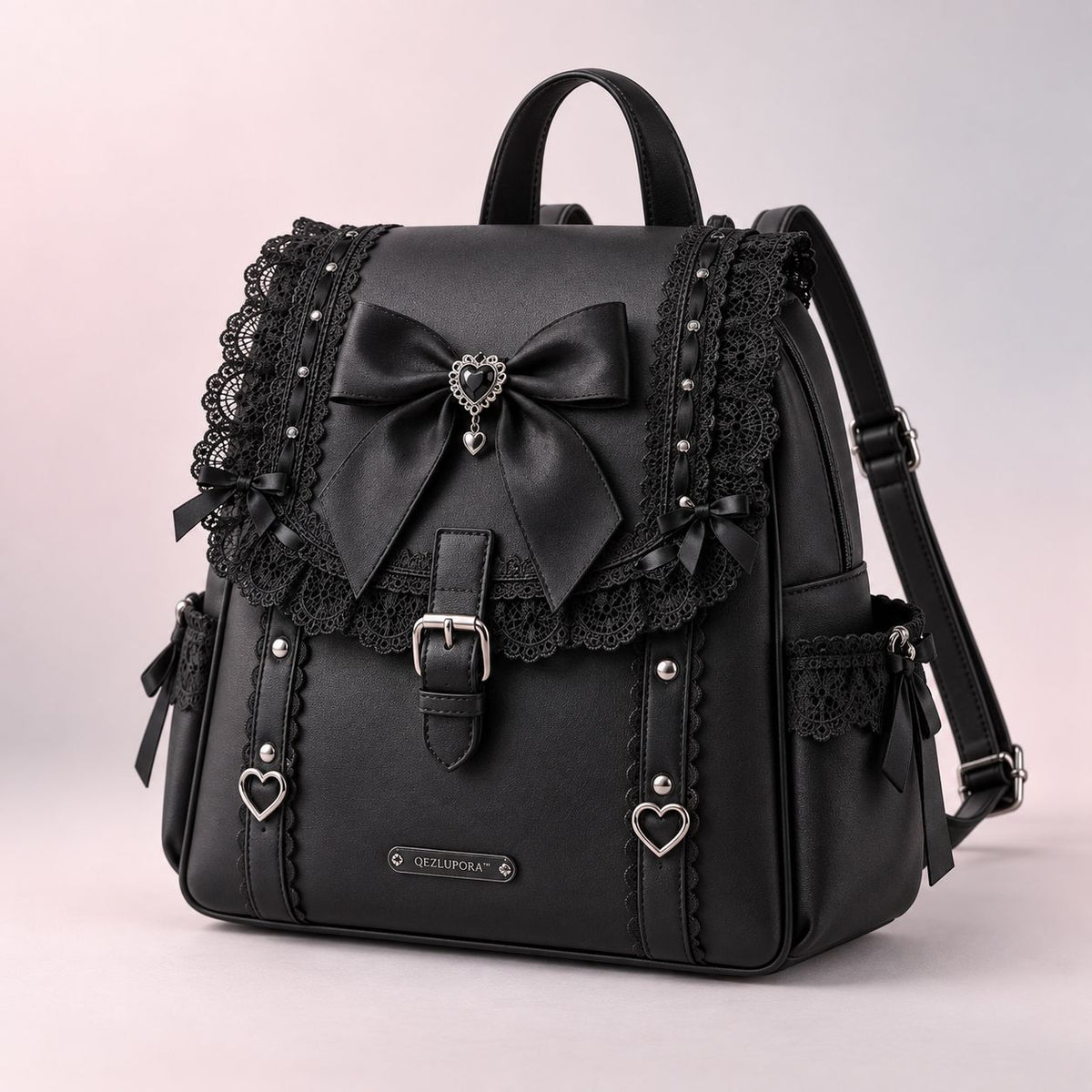 QEZLUPORA™ Jirai Kei Lace Bow Flap Backpack – Japanese Dark Sweet Mini Rucksack, Ribbon Gothic School Backpack