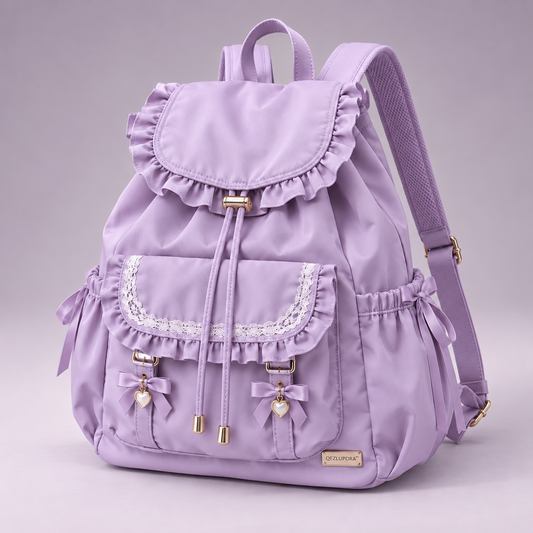 QEZLUPORA™ Ruffle Drawstring Backpack – Lace Pocket Casual Backpack, Japanese Jirai Kei Day Bag